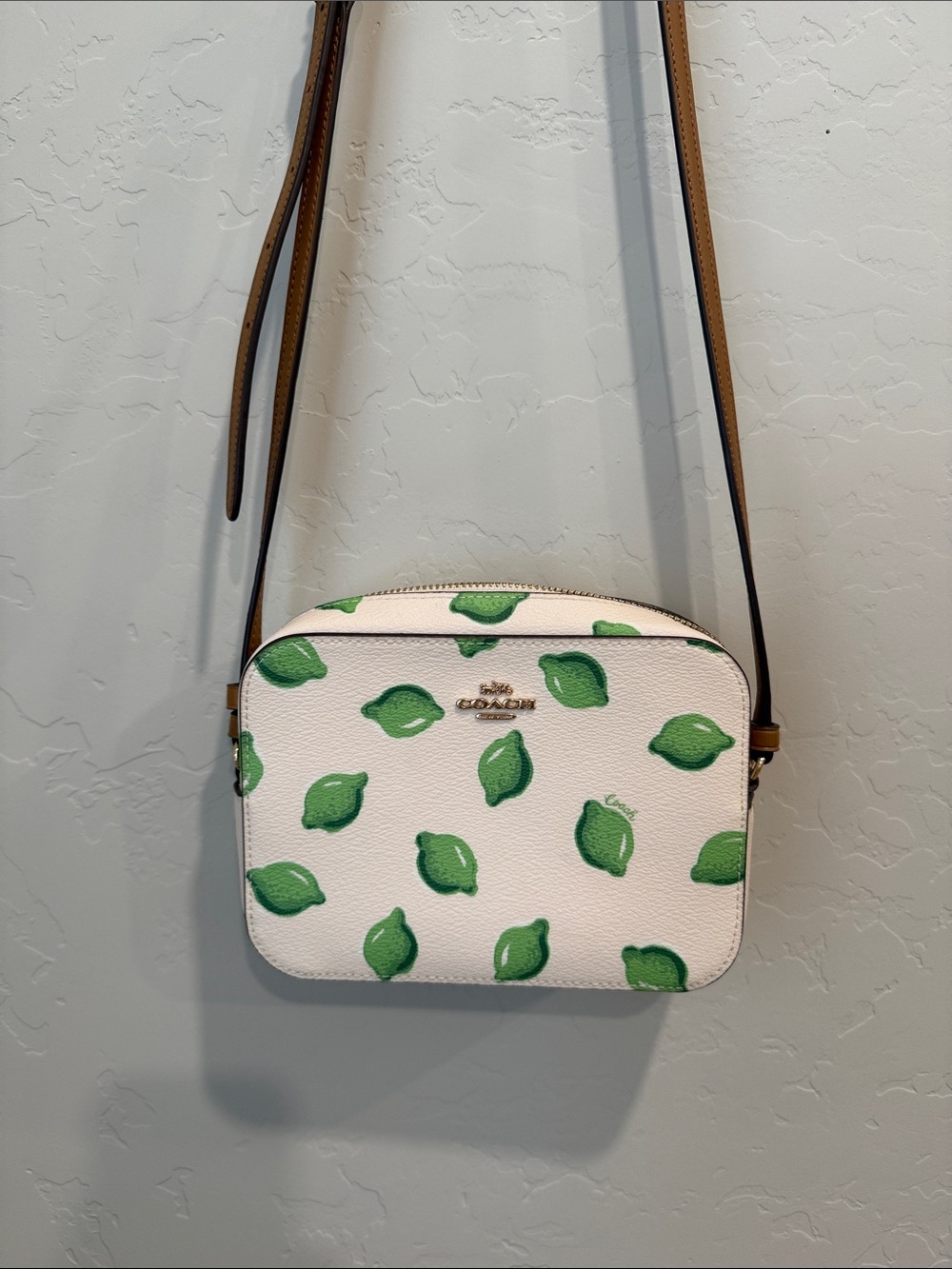 Coach Lime Print Crossbody Camera Bag White Leather Adjustable Strap NWOT